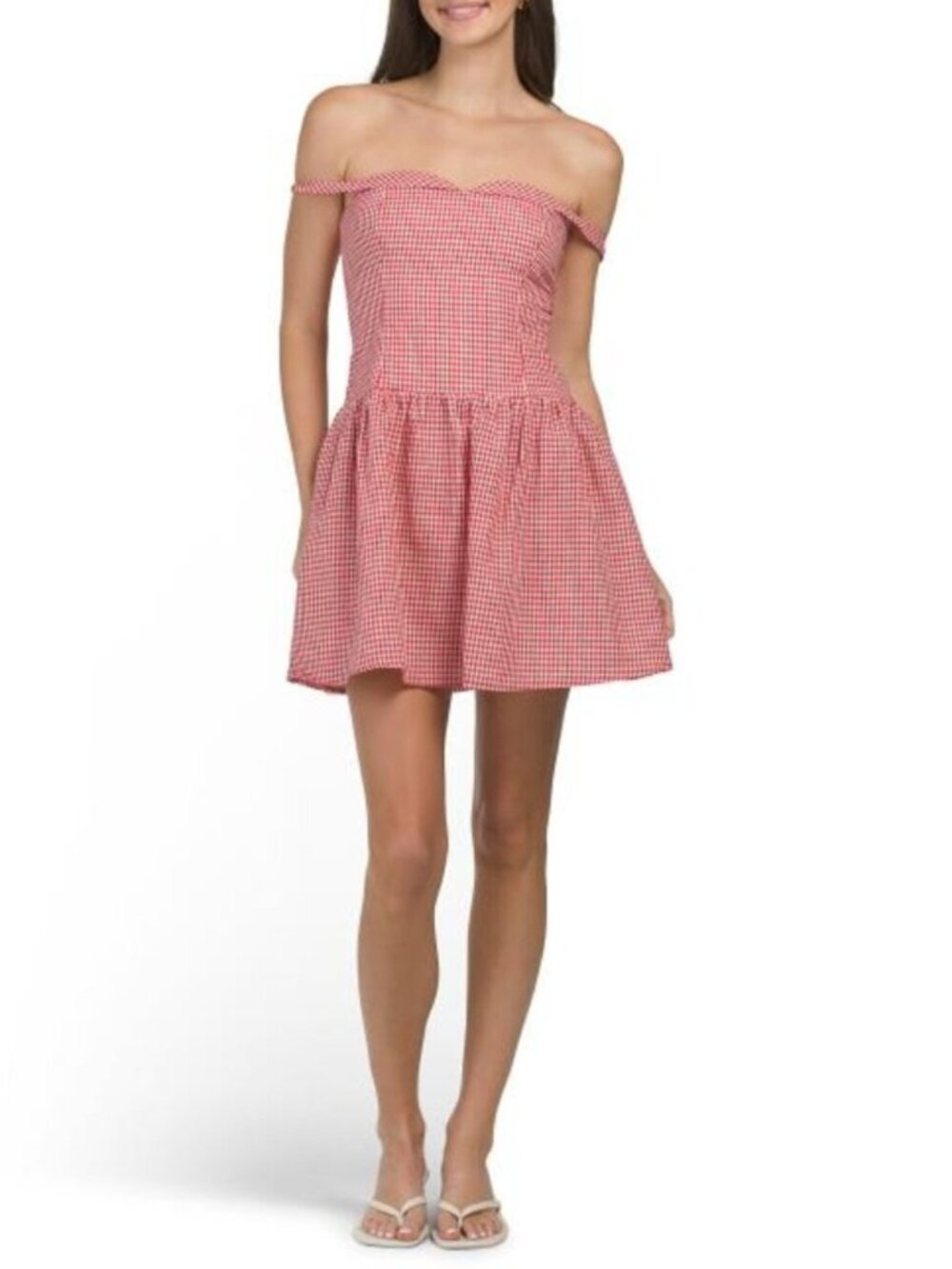 JL LUXE LABEL Linen Blend Off The Shoulder Gingham Mini Dress